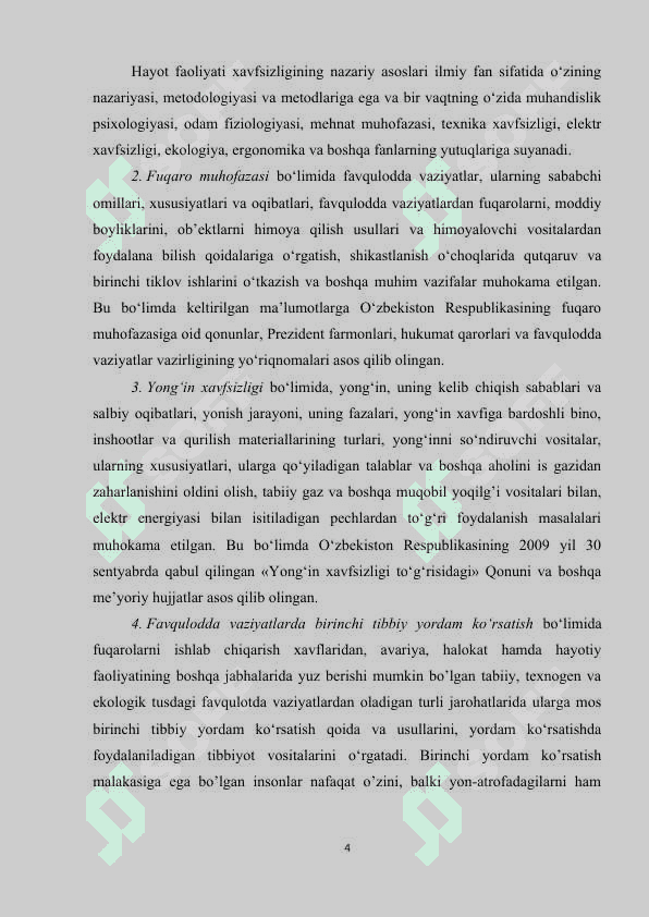 Hayot faoliyati xavfsizligi faniga kirish 4