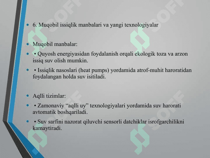 Issiq suv temperaturasi va sifatiga bo'lgan talablar. Suv isitish qurilmalari va issiq suv sig’imlari 8