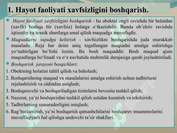 Hayot faoliyati xavfsizligining huquqiy va tashkiliy asoslari. 2