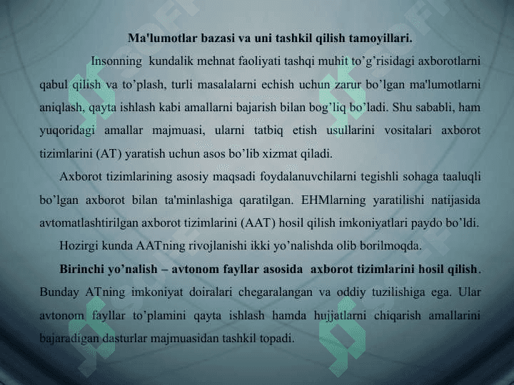 MALUMOTLAR BAZASINING TURLARI 2