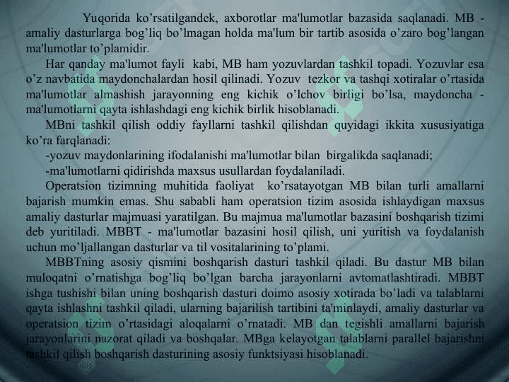 MALUMOTLAR BAZASINING TURLARI 8