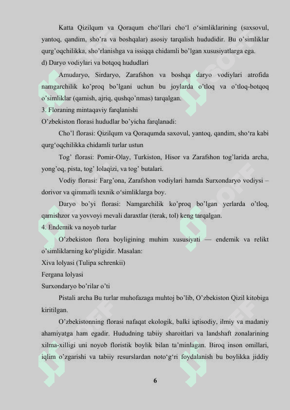 O’zbekiston florasidagi o’simliklar qoplami va uning o’ziga xosligi 6