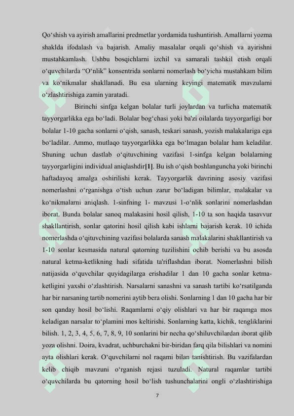 BOSHLANG‘ICH SINFLARDA MATEMATIKA DARSLIGI USTIDA IJODIY ISHLASH VA DARSLIK TAHLILINI AMALGA OSHIRISH METODIKASI (2-SINF MISOLIDA 7
