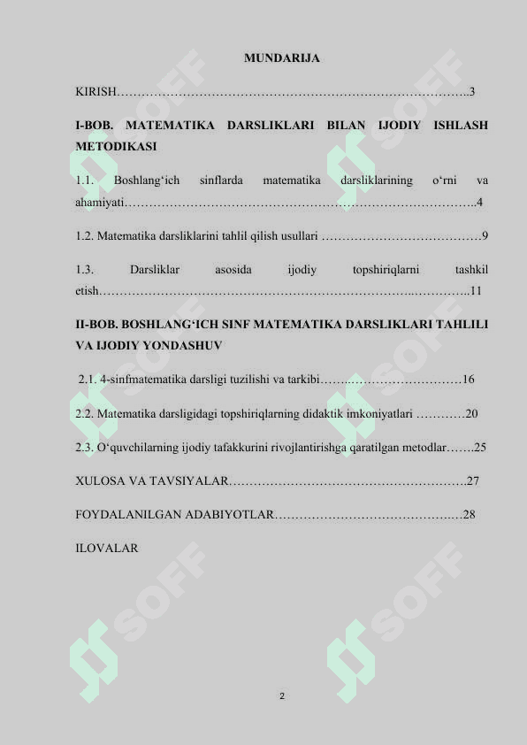 BOSHLANG‘ICH SINFLARDA MATEMATIKA DARSLIGI USTIDA IJODIY ISHLASH VA DARSLIK TAHLILINI AMALGA OSHIRISH METODIKASI (4-SINF MISOLIDA) 2