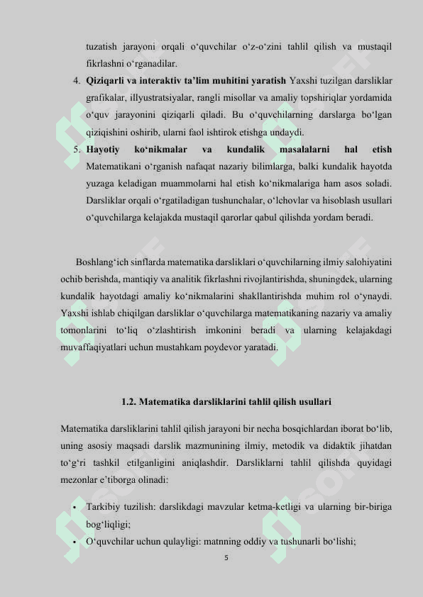 BOSHLANG‘ICH SINFLARDA MATEMATIKA DARSLIGI USTIDA IJODIY ISHLASH VA DARSLIK TAHLILINI AMALGA OSHIRISH METODIKASI (4-SINF MISOLIDA) 5