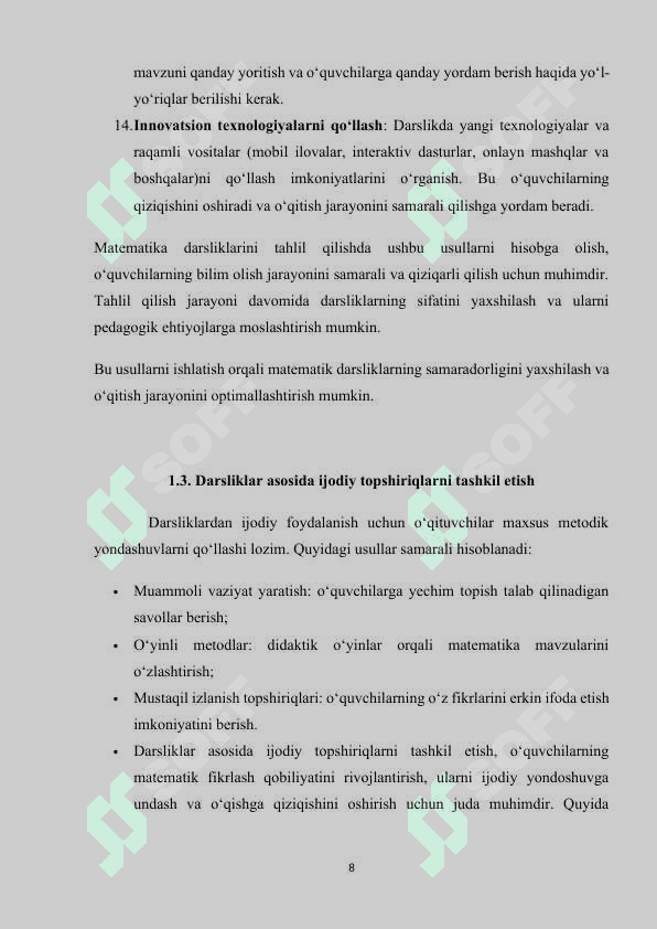 BOSHLANG‘ICH SINFLARDA MATEMATIKA DARSLIGI USTIDA IJODIY ISHLASH VA DARSLIK TAHLILINI AMALGA OSHIRISH METODIKASI (4-SINF MISOLIDA) 8