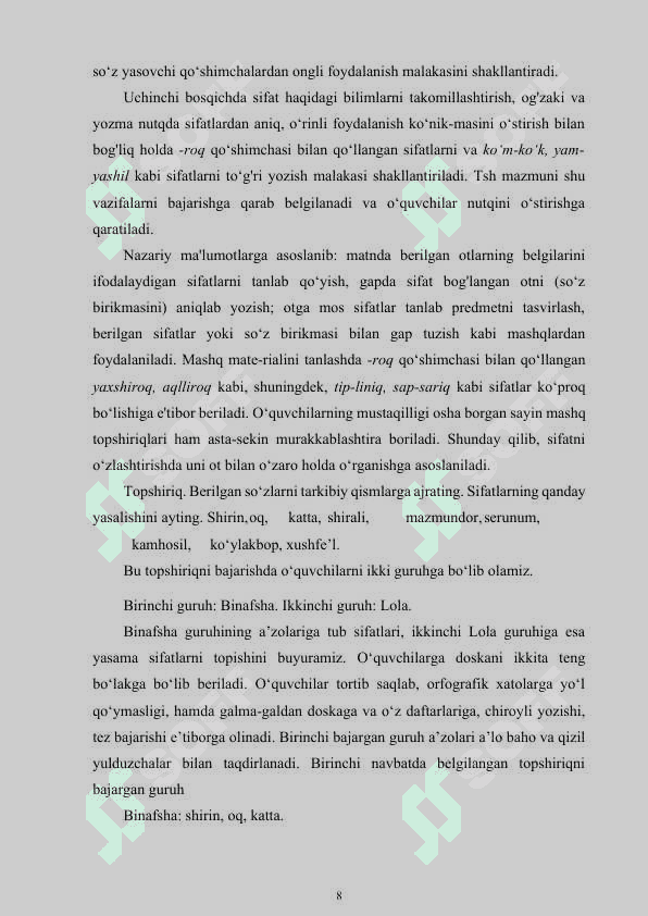 SIFAT SO‘Z TURKUMINI O‘RGANISH JARAYONIDA O‘QUVCHILAR NUTQINI O‘STIRISH 8