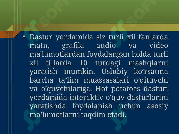HOTPOTOTESDAN FAOYDALANIBMULTIMEDIALI OQUV KURSLARINI YARATISH.JCROSS VA JQUIZ BLOKLARI DASTURIDA ISHLASH 4