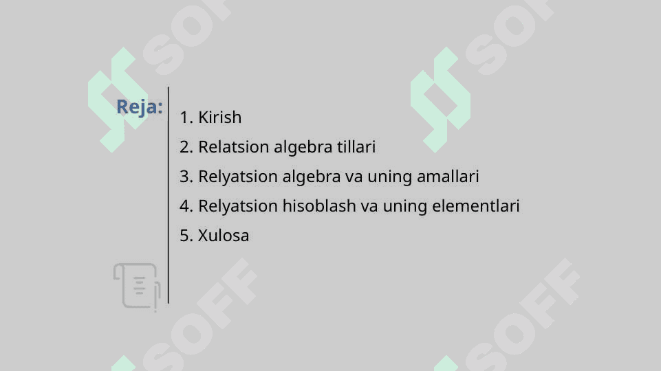 Relyatsion algebra va relyatsion hisoblash elementlari. 2