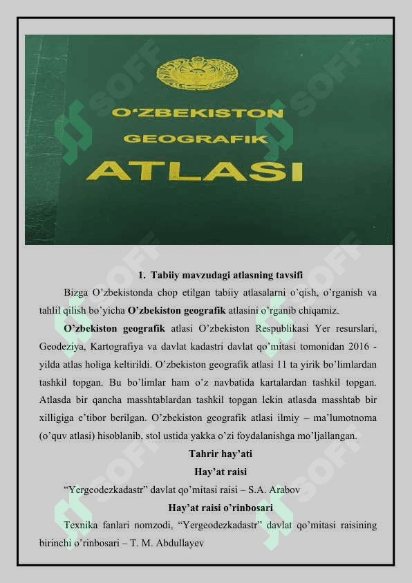 O’zbekistoda chop etilgan tabiiy mavzudagi xarita va atlaslarni o’qish, o’ganish, tahlil qilish va baholash 3