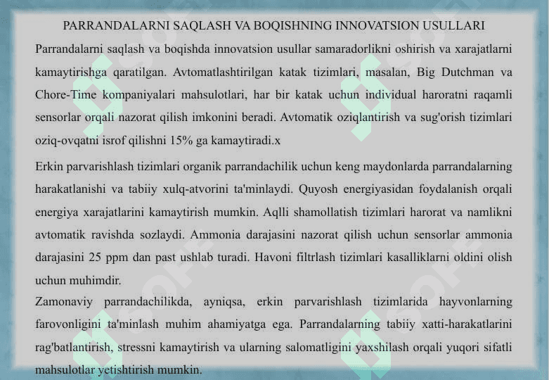 Parrandachilikda go'sht va tuxum yetishtirish zamonaviy texnologiyalari va qurilmalari va ularda global joylashish tizimlarini ishlab chiqish 2