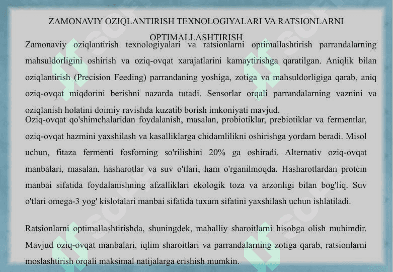Parrandachilikda go'sht va tuxum yetishtirish zamonaviy texnologiyalari va qurilmalari va ularda global joylashish tizimlarini ishlab chiqish 3