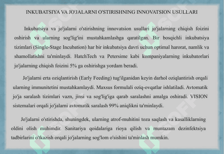 Parrandachilikda go'sht va tuxum yetishtirish zamonaviy texnologiyalari va qurilmalari va ularda global joylashish tizimlarini ishlab chiqish 4