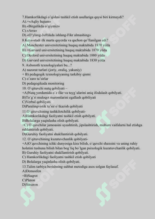 Pedagogik Texnalogiya fanidan 400 ta test savol javoblari bilan 2