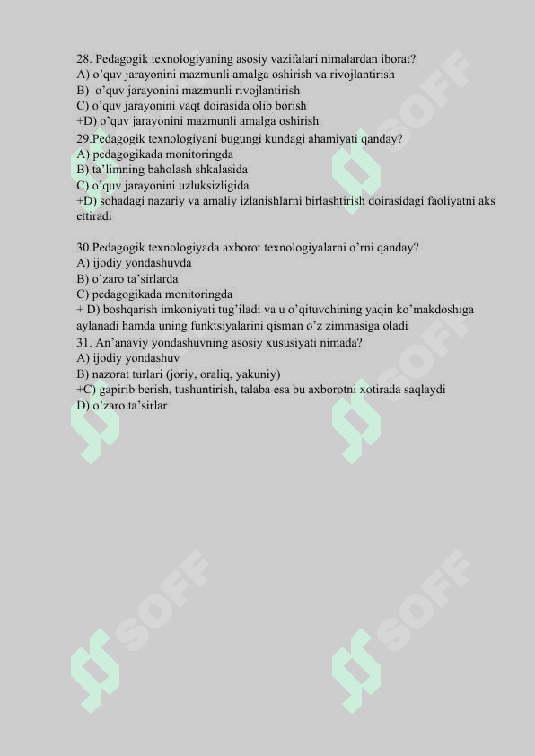 Pedagogik Texnalogiya fanidan 400 ta test savol javoblari bilan 5