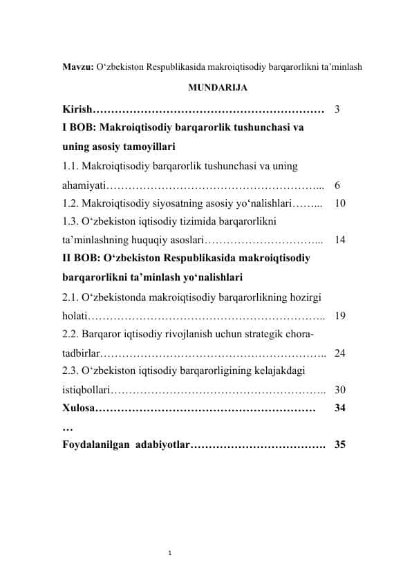 O‘zbekiston Respublikasida makroiqtisodiy barqarorlikni ta’minlash