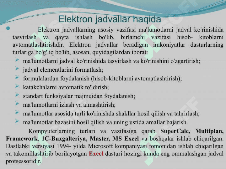 EXCEL elektron jadvalida ishlash 2