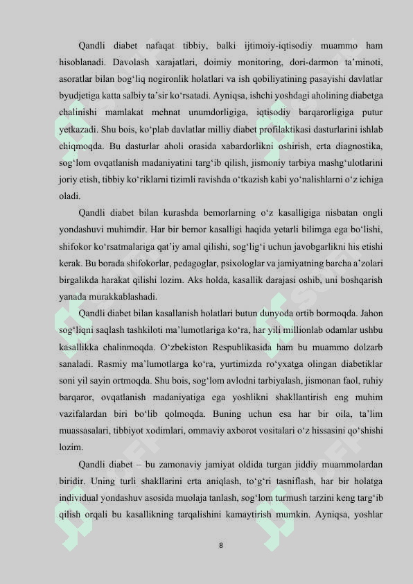 QANDLI DIABETNING YOSHLAR ORASIDA TARQALISHI VA OLDINI OLISH STRATEGIYALARI. 7