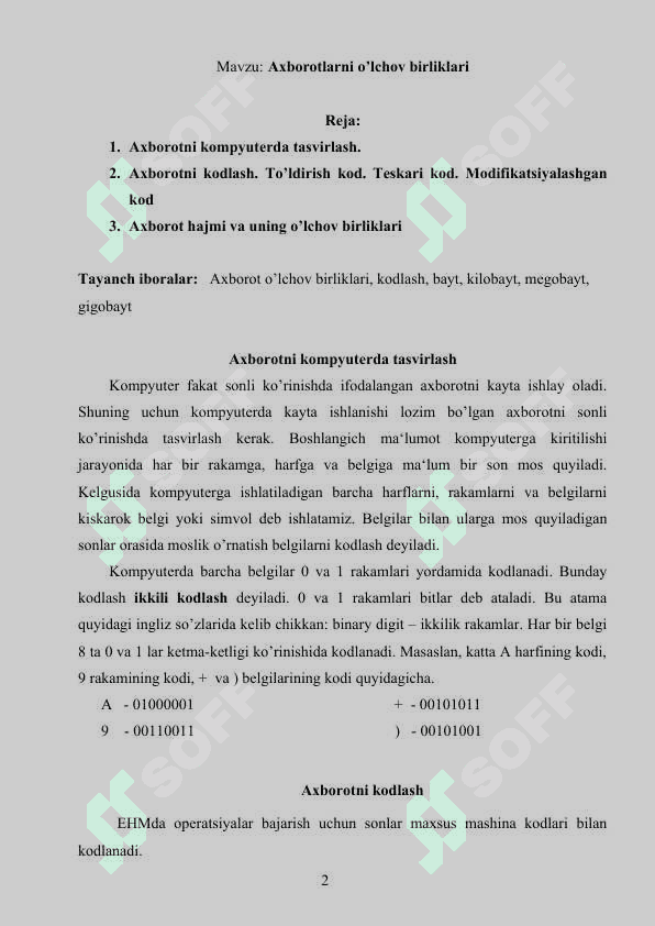 Axborotlarni o’lchov birliklari 2
