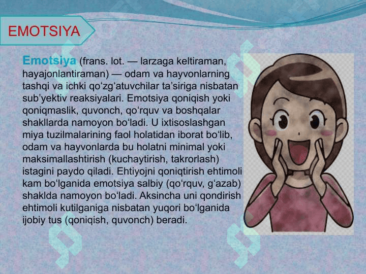 Emotsiyalar va emotsional holatlar ularning vaziyatdagi oʻrni 30 bet 4