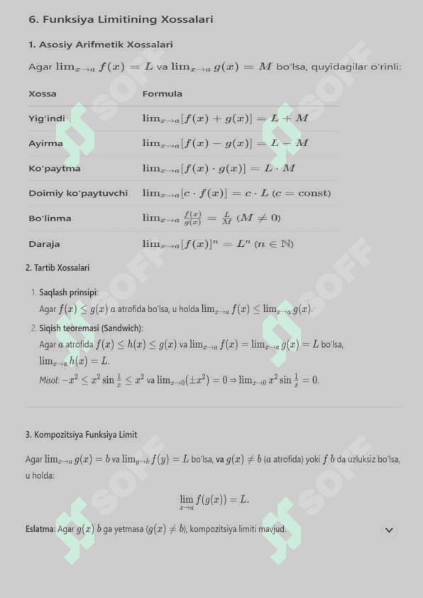 Dekart koordinatalar sistemasida tekislik,Аniqmas integral va uni topishning sodda usullari,Chiziqli va kvadratik formalar, Yevklid fazosidagi kvadrikalar Bezu teoremasi va Gorner sxemasi. Algebraning asosiy teoremasi. 6