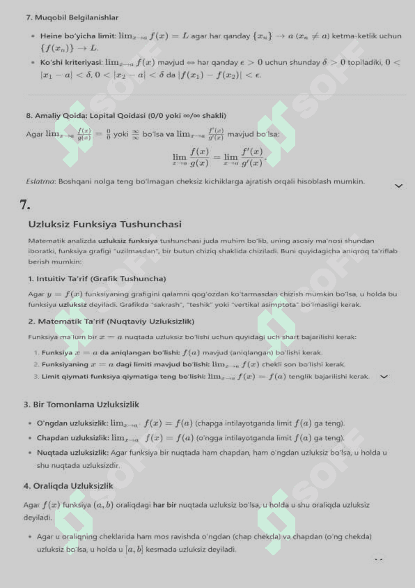 Dekart koordinatalar sistemasida tekislik,Аniqmas integral va uni topishning sodda usullari,Chiziqli va kvadratik formalar, Yevklid fazosidagi kvadrikalar Bezu teoremasi va Gorner sxemasi. Algebraning asosiy teoremasi. 7