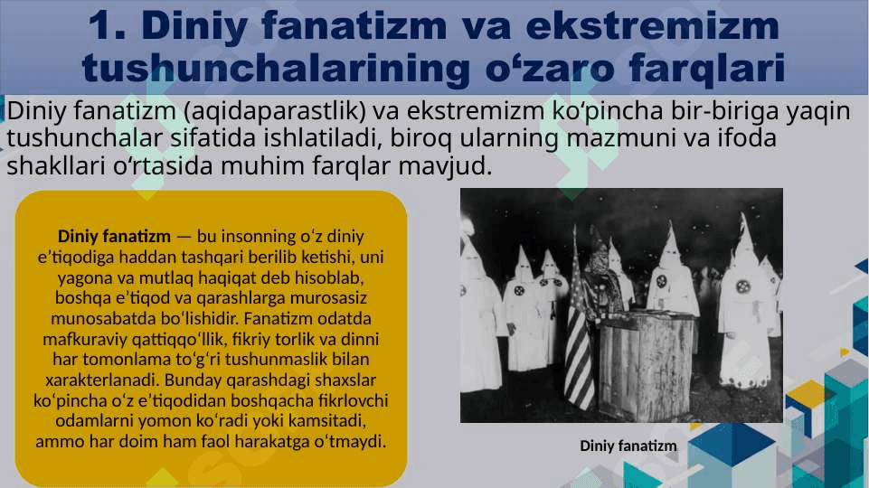 Diniy aqidaparastlik(fanatizm), ekstremizm paydo bolishining ijtimoiy tarixiy zaminlari va rivojlanishi 4