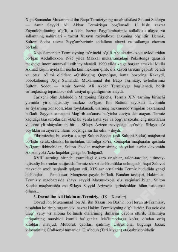 Ulamo va fuzalo Termiziylar. Xoja Samandar Muhammad Baqo Termiziy 3