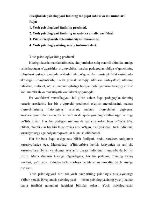 Rivojlanish psixologiyasi fanining tadqiqot sohasi va muammolari
