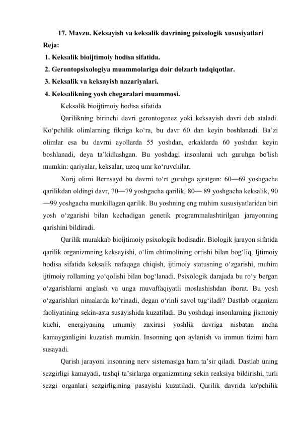 Keksayish va keksalik davrining psixologik xususiyatlari. 1