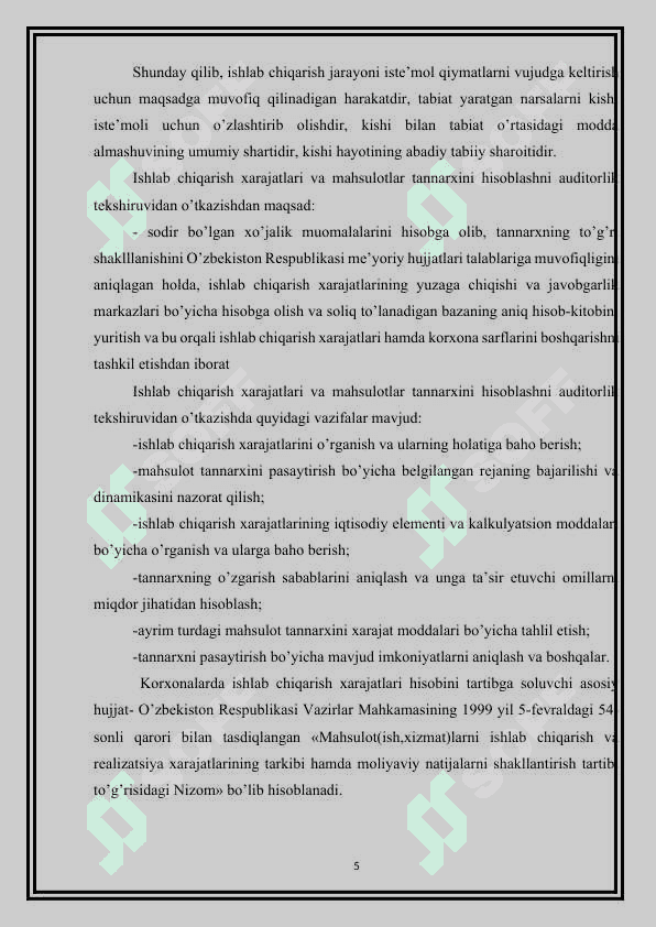KORXONA FAOLIYATIDA ISHLAB CHIQARISH XARAJATLARI AUDITI 5