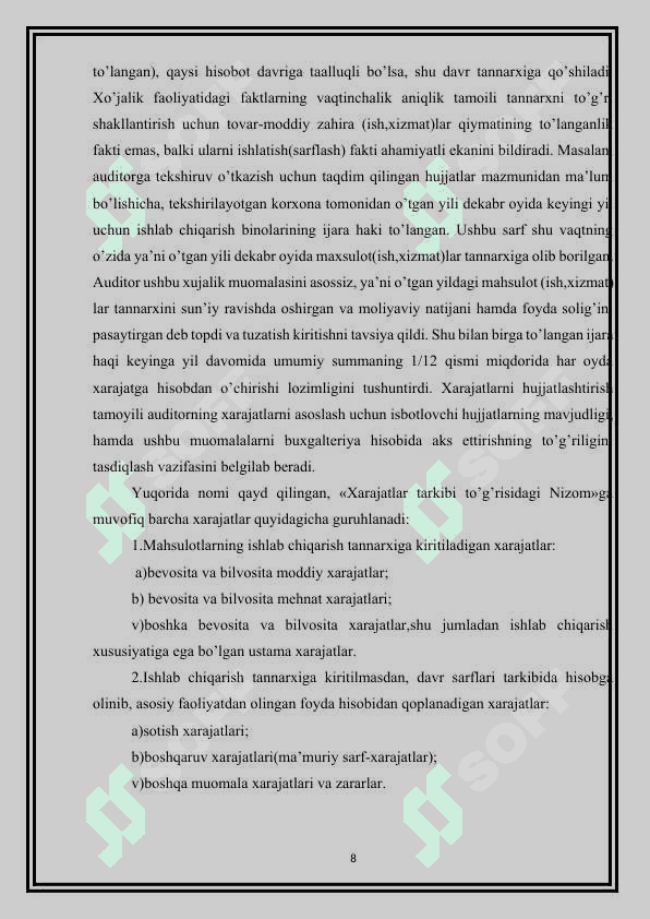 KORXONA FAOLIYATIDA ISHLAB CHIQARISH XARAJATLARI AUDITI 8