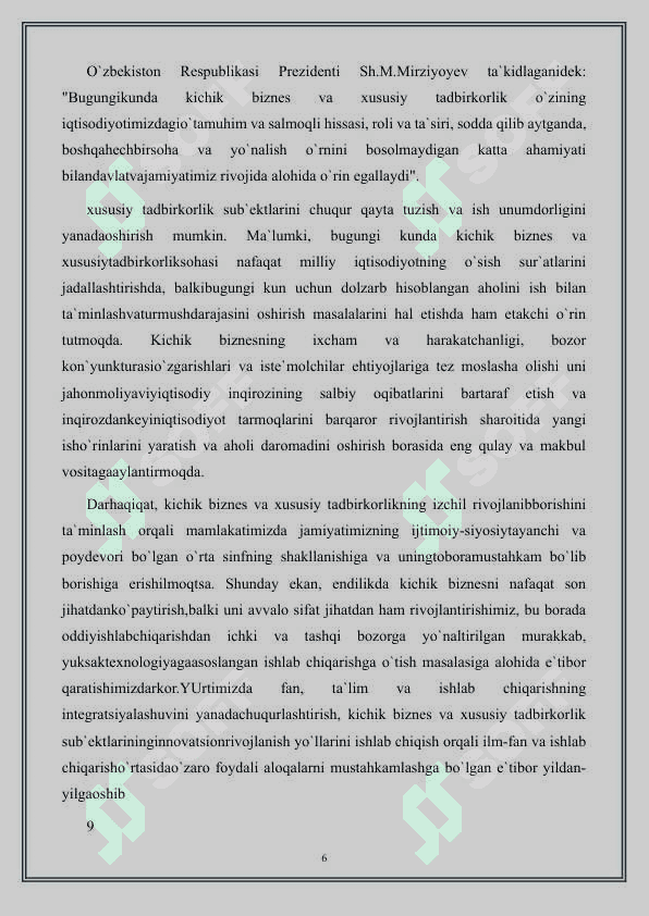 O’zbekiston Respublikasi kichik biznesni rivojlantirishning asosiy yo’nalishlari 6