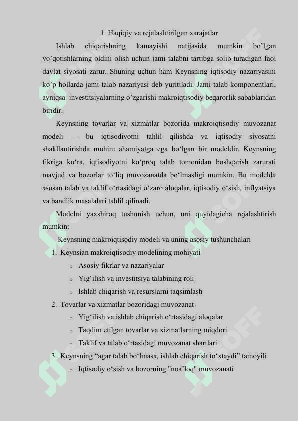 Keynsning tovarlar va xizmatlar bozorida makroiqtisodiy muvozanat modeli. 2