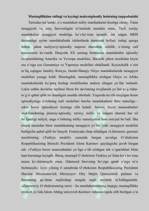 Mustaqillik yillarida O’zbekiston rivojlanishining makroiqtisodiy ko’rsatkichlari tahliliMustaqillik yillarida O’zbekiston rivojlanishining makroiqtisodiy ko’rsatkichlari tahlili 2