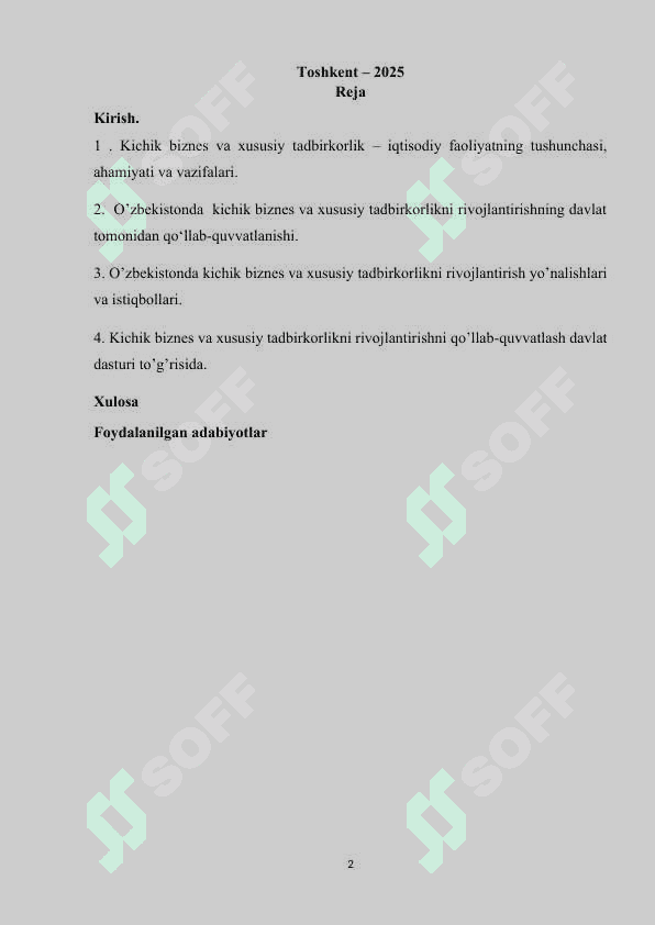 O’zbekiston Respublikasida kichik biznesni rivojlantirishning asosiy yo’nalishlari 2