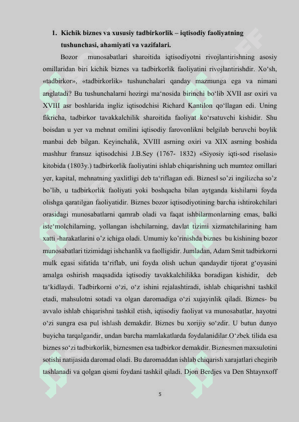 O’zbekiston Respublikasida kichik biznesni rivojlantirishning asosiy yo’nalishlari 5