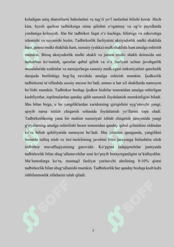O’zbekiston Respublikasida kichik biznesni rivojlantirishning asosiy yo’nalishlari 7