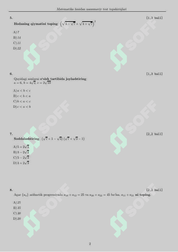 Matematika fanidan milliy sertifikat savollari (tushish ehtimoli bor) 2