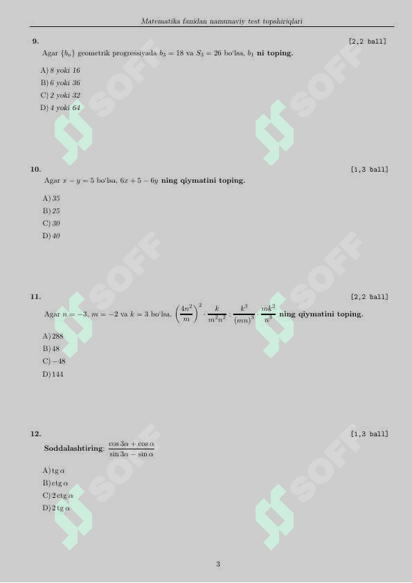 Matematika fanidan milliy sertifikat savollari (tushish ehtimoli bor) 3