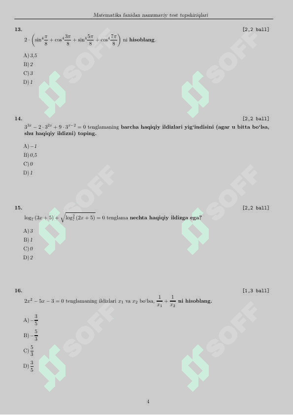 Matematika fanidan milliy sertifikat savollari (tushish ehtimoli bor) 4