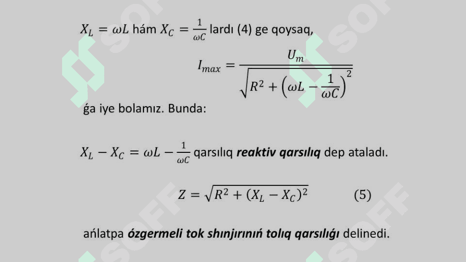 Aktiv qarsılıq, induktiv katushka hám kondensator izbe-iz jalǵanǵan ózgermeli tok shınjırı ushın Om nızamı. Shınjırdıń tolıq qarsılıǵı 8