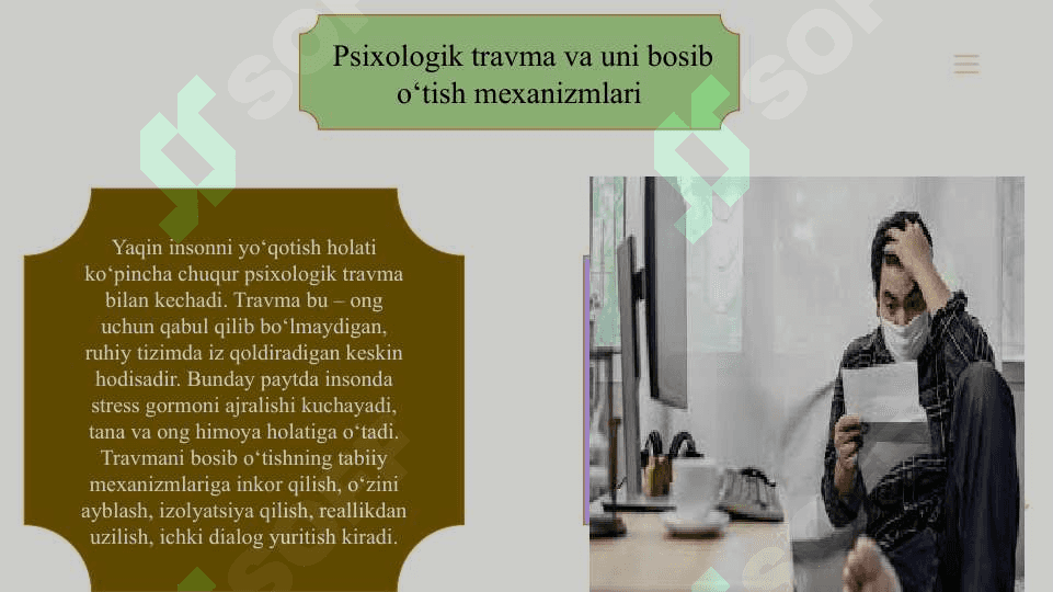 Yaqin insonlarini yo‘qotganda vujudga keladigan jarohatdan keyingi stress holati (JKSH) slayd 7