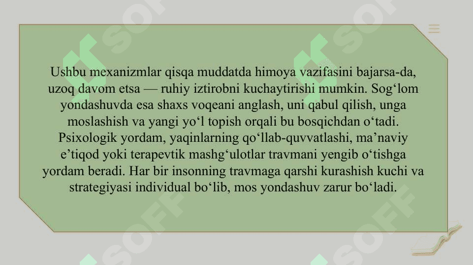 Yaqin insonlarini yo‘qotganda vujudga keladigan jarohatdan keyingi stress holati (JKSH) slayd 8