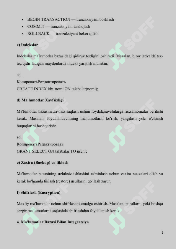 Relyatsion ma'lumotlar bazasini loyihalash va ishlab chiqarish dasturlash muhitida. Ma'lumotlar bazasi bilan ishlash 6