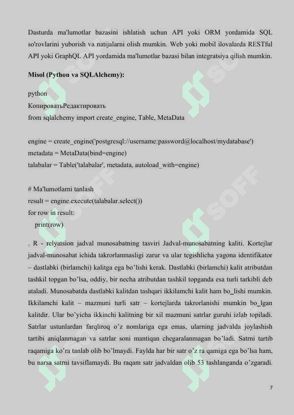 Relyatsion ma'lumotlar bazasini loyihalash va ishlab chiqarish dasturlash muhitida. Ma'lumotlar bazasi bilan ishlash 7