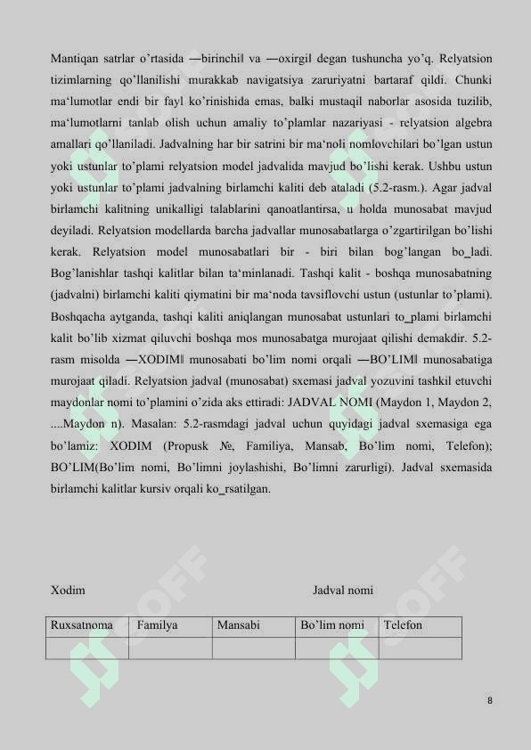 Relyatsion ma'lumotlar bazasini loyihalash va ishlab chiqarish dasturlash muhitida. Ma'lumotlar bazasi bilan ishlash 8