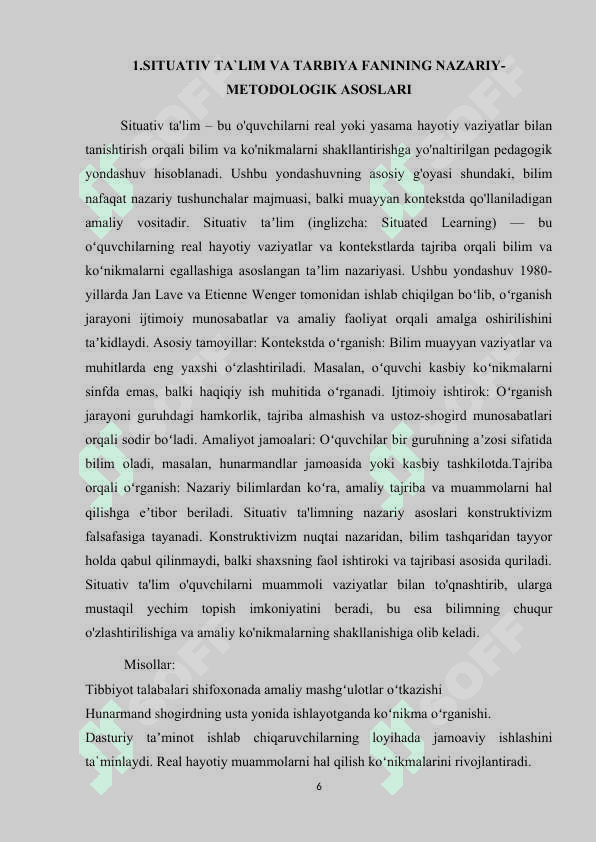 SITUATIV TA`LIM ASOSIDA UMUMTA`LIM MAKTABLARIDA TARBIYA FANINI O`QITISH 6