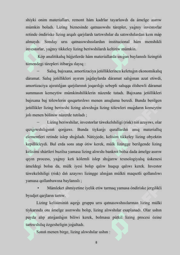 Lizing aylanısları esabı.docx KURS jumısı 100 procent garantiya qabıllanıwına 8