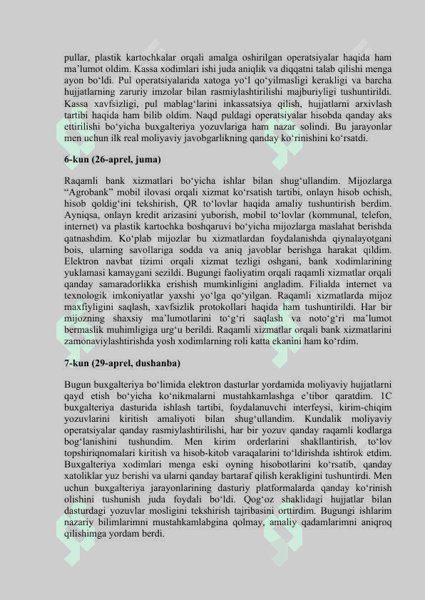 “Agrobank amaliyot kundaligi (14 kunlik to‘liq Word hujjat)” “Buxgalter yordamchisi amaliyot kundaligi – Agrobank, Parkent (14 kun)” “Bankda amaliyot o‘taganlar uchun tayyor kundalik – 2025-yil namunasi” “Buxgalteriya amaliyot kundaligi (Agrobank tuman filiali asosida)” “Tayyor bank amaliyot kundaligi 3